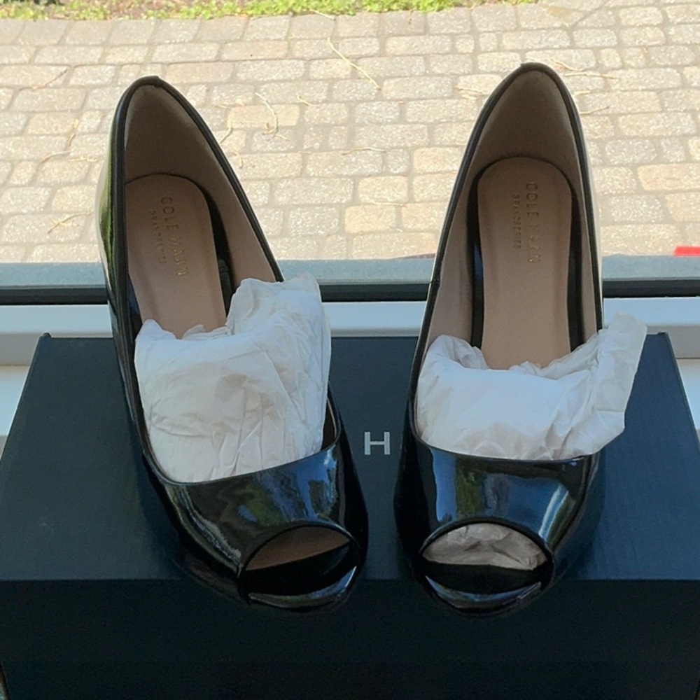 Cole Haan Sadie Black Patent Wedge Peep Toe Pumps